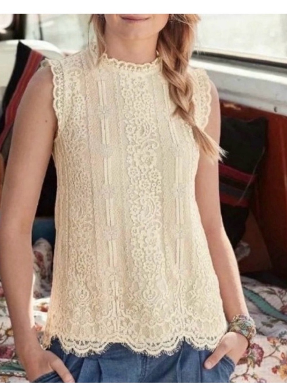 Sundance Esme Cream Lace High Neck Mock-Neck Sleeveless Top